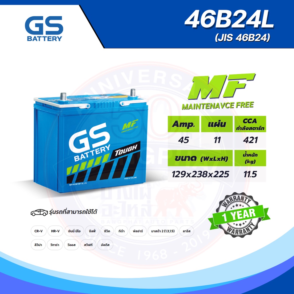 [สินค้าขายดี] 46B24L แบตเตอรี่รถยนต์ GS BATTERY 45 amp. (JIS 46B24) : MFX ชนิดพร้อมใช้งาน ไม่ต้องเติมน้ำกลั่น [พร้อมส่ง]
