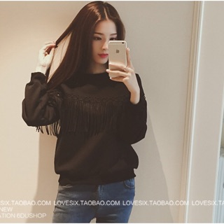 *พร้อมส่ง* JU3371 เสื้อคอกลม แขนยาว แต่งพู่ สีดำ
