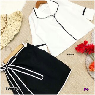 Set 2 ชิ้น เสื้อแขนศอกสีขาวคอปก กุ้นสีดำ