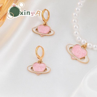 【XINYIA】ต่างหู รูปหัวใจ ดาวเสาร์ น้ํามัน หยดน้ํา สร้างสรรค์ สีชมพู สไตล์สาวน่ารัก