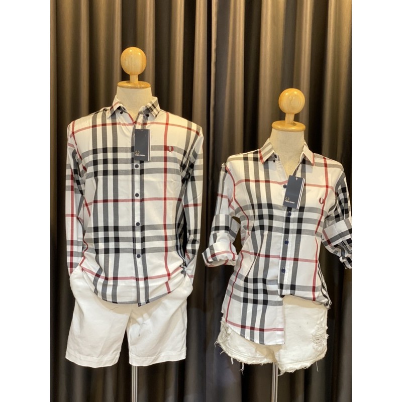 เสื้อลายสกอตสีขาวเนื้อผ้าcottonใส่ได้ชายและหญิงเนื้อนุ่มใส่สบาย