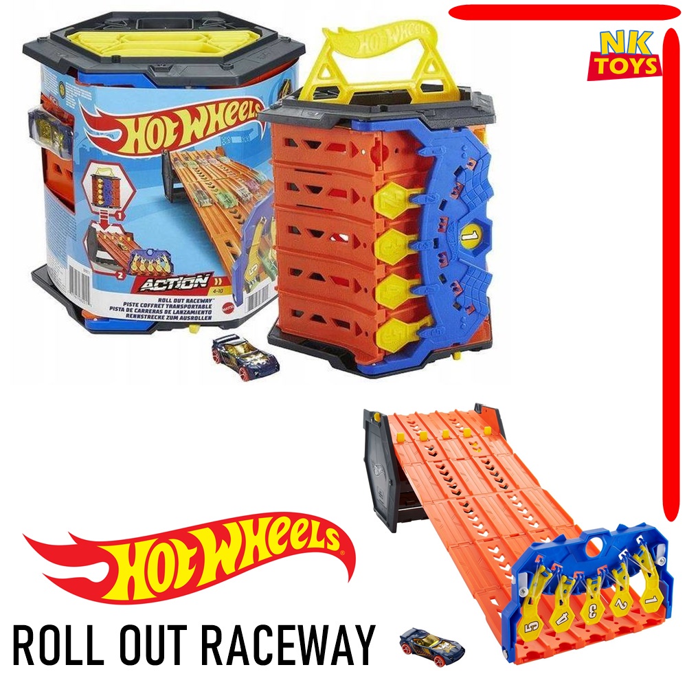 Hot Wheels Roll Out Raceway track Set ชุดรางรถ HOTWHEELS ราง 5เลน พับเก็บได้ กล่องหกเหลี่ยม แถมฟรีรถ 1คัน ราง