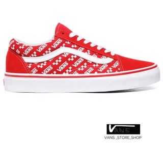 VANS OLD SKOOL LOGO REPEAT SCHUHE RACING RED TRUE WHITE SNEAKERS สินค้ามีประกันแท้