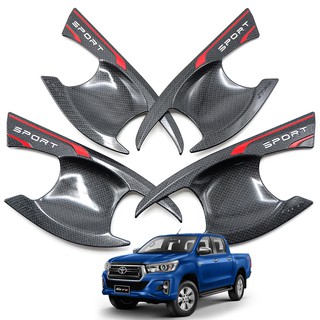 ถ้วยปีก เบ้าปีก เบ้ากันรอย เบ้ารองมือเปิดประตู 4 ชิ้น สีเครฟล่าดำ สำหรับ Toyota Hilux Revo Fortuner ปี 2015-2018