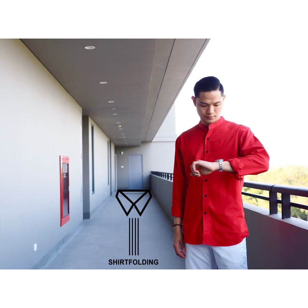 SHIRTFOLDING เสื้อเชิ้ต แขนยาวคอปก / แขนยาวคอจีน สีแดงสด แดงคริสต์มาส แดงตรุษจีน