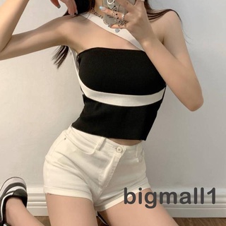 BIGMALL-Women´s Single Strap Off Shoulder Slim Fit Contrast Color Knit Versatile Summer Tube Tops