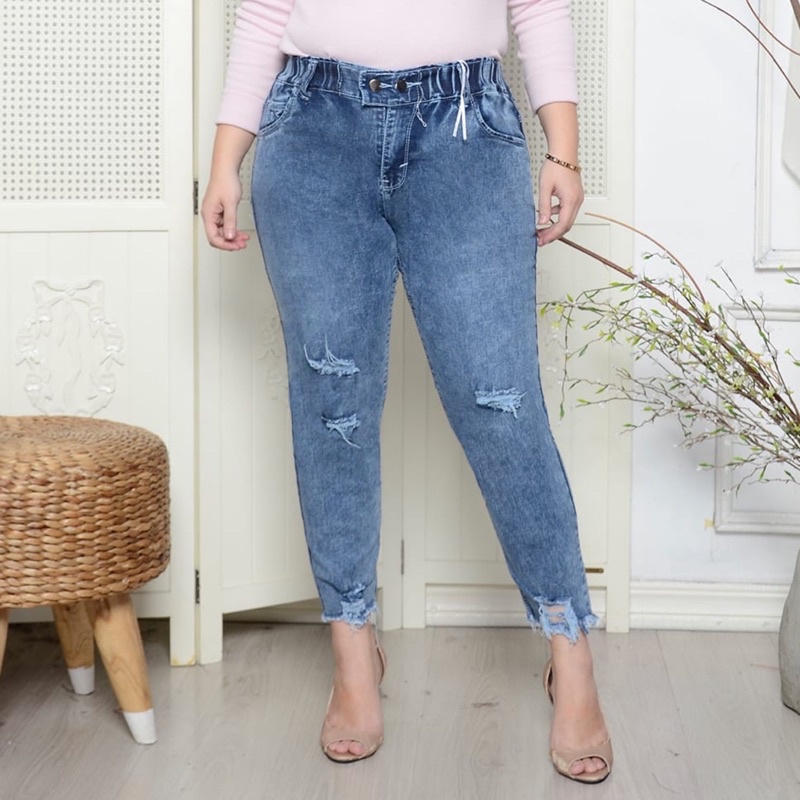 Himiso Women& 39;s Pants Jumbo Highwaist Ripped Unfinished Jeans 732 คุณภาพดี