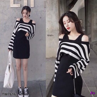 (7616) Set 2ชิ้น เสื้อคอรป ลายริ้ว ผ้าคอตตอน มาพร้อมกับเดรสแขนกุด