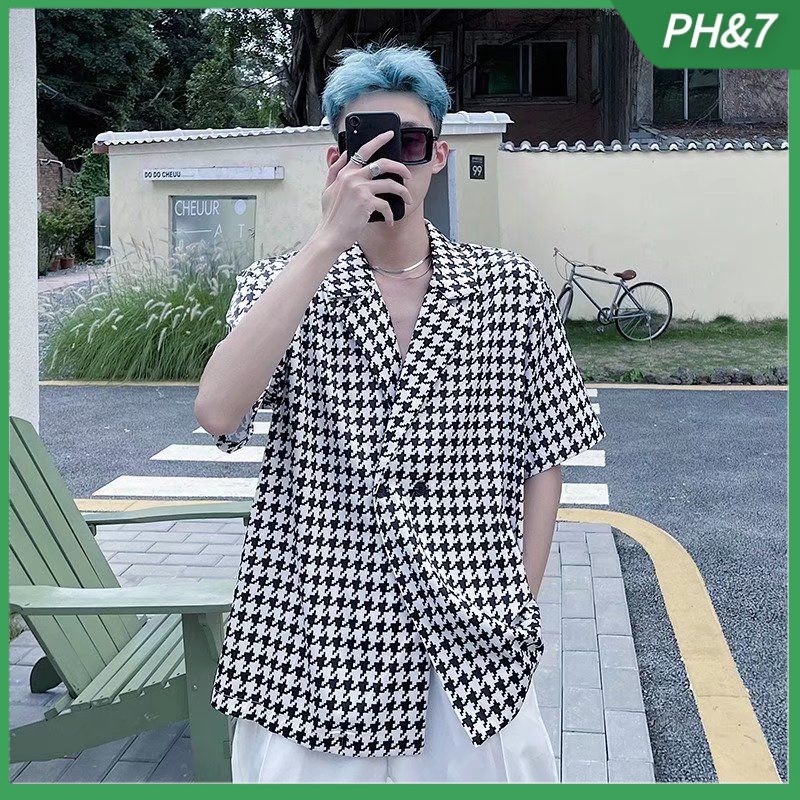 เสื้อเชิ้ตแขนสั้นลําลอง ลายสก๊อต แฟชั่นสําหรับผู้ชาย