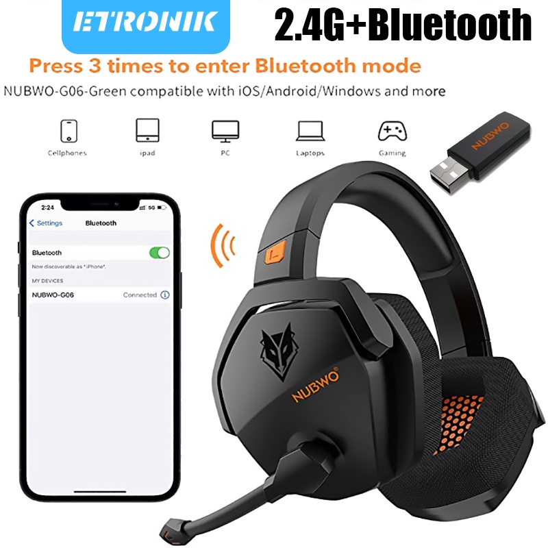 ETRONIK Nubwo G06 ชุดหูฟังสำหรับเล่นเกมไร้สาย 2 ใน 1 การตัดเสียงรบกวนพร้อมไมโครโฟน 48H แบตเตอรี่ 2.4