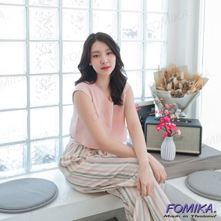 FOMIKA L6👖กางเกงขายาวผู้หญิงผ้าคอตตอน​ลินิน​ กางเกงขายาวลายทางเอวสูง