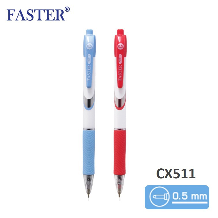 ปากกาลูกลื่น 0.5 มม. ตราฟาสเตอร์ faster รุ่น CX511 หมึกสีน้ำเงิน / แดง มียางจับนุ่มมือ ปากกากดเจล\