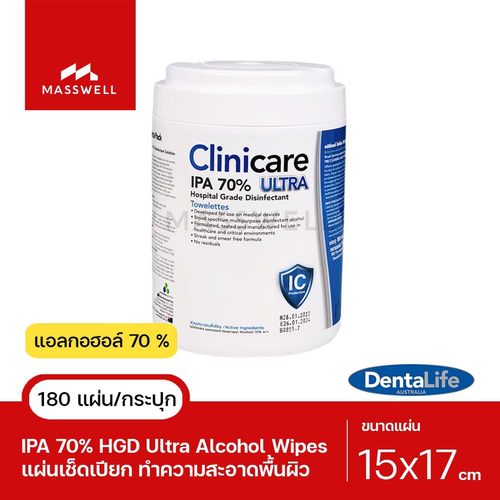 Clinicare IPA 70% ทิชชู่เปียกฆ่าเชื้อ เกรดโรงพยาบาล HGD Alcohol Wipes กระปุกฟ้า (180แผ่น) ทิชชู่เปีย
