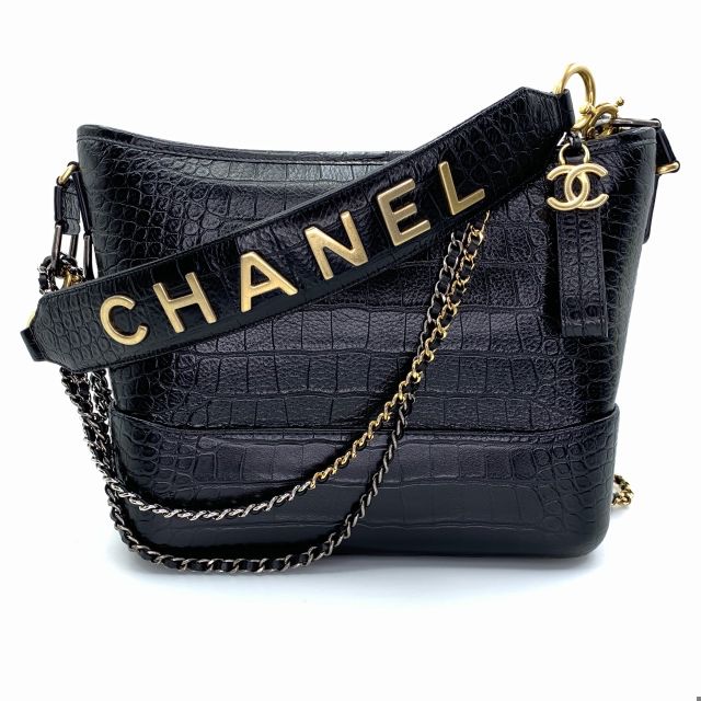 New Chanel Gabrielle Hobo Bag Crocodile Embossed Medium Size in Black