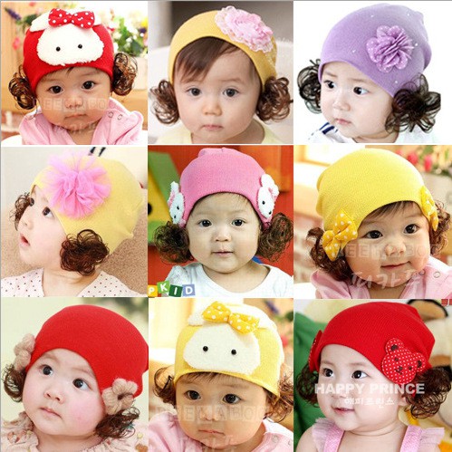 หมวกไหมพรม ไหมพรมมีปอยผม หมวกเด็กหญิง หมวกผมปลอม  พร้อมส่งในไทย