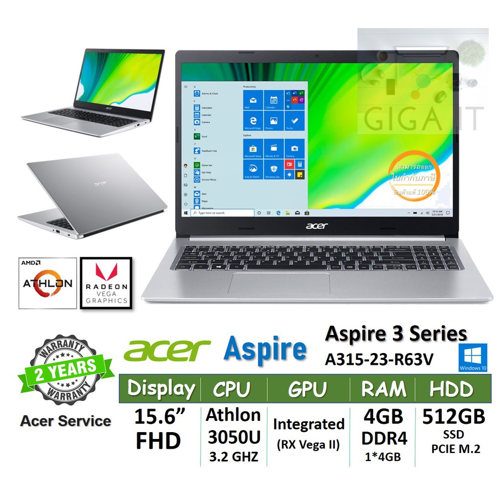 Acer Notebook Aspire 3_A315-23-R63V (15.6" FHD, Athlon 3050U, 4G, 512GB PCle M.2, Win10) Silver ประก