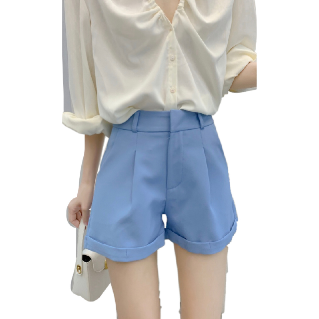 cicishop(271)กางเกงขาสั้น BASIC SHORTSทรงบอย พับขางานตะขอ เอวสูง ใส่แล้วดูเพรียวพรางสะโพกต้นขา