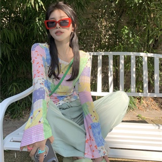 💥Hot sales🍀·Color-block printing thin ice silk design sun shirt niche chic top เสื้อยืดแขนยาวผู้หญิง ins trend