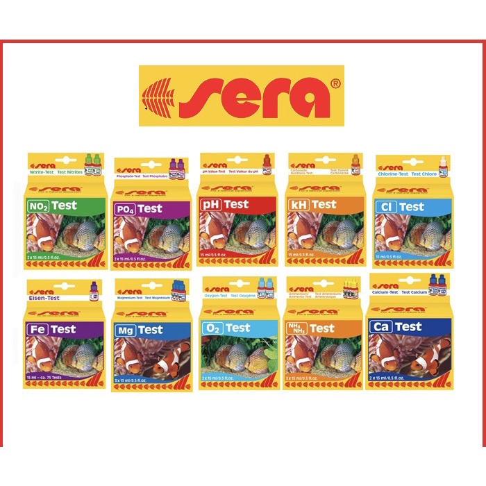 Sera NH4/NH3 NO2 Cl NO3 PO4 Fe gH kH ทดสอบน้ํายาสําหรับตู้ปลาและตู้ปลา