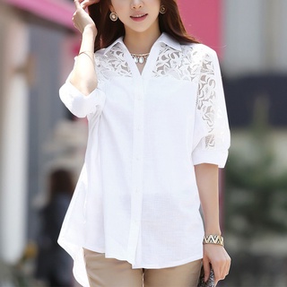 Zanzea เสื้อเชิ้ตลําลอง แขน 3/4 ทรงหลวม แต่งลูกไม้ สีพื้น แฟชั่นสตรีท