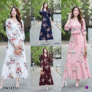 J14572 Maxi Dress เดรสยาว อกไขว้ แขนยาว ลายดอกไม้