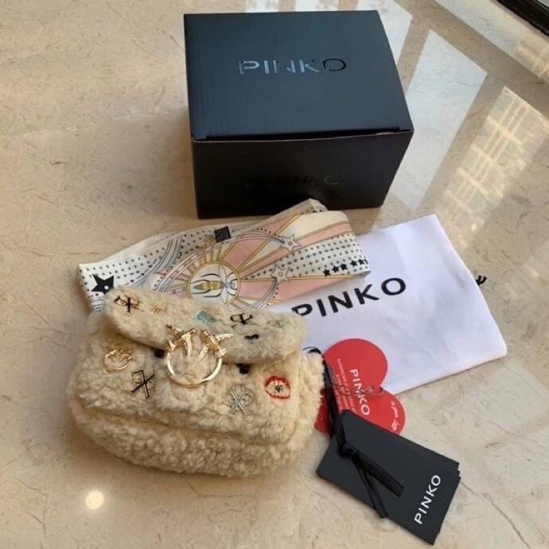 Pinko Tiny Love Bag Furry in faux fur with pins