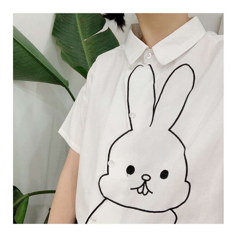 เสื้อเชิ้ตแขนสั้น ปักลาย กระต่าย 39-40“ เสื้อสีขาว ลายสัตว์ สไตล์เกาหลี ญี่ปุ่น herbiestyle