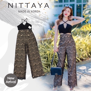 งานป้าย NITTAYA การันตีเสื้อผ้าคุณภาพ จั้มสูทสายไขว้ขายาวผ้าลูกไม้ สีดำ