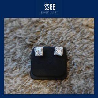 SS88Jewelry ต่างหูเพชร CZ  ทรง Princess cut 7 มิล ล้อมเพชร ตัวเรือนเงินแท้ รูปภาพถ่ายจากสินค้าจริง