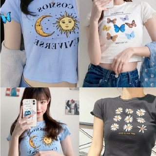 Fulllove เสื้อครอปแขนสั้น คอกลม สีพื้น พิมพ์ลายผีเสื้อ สำหรับผู้หญิง