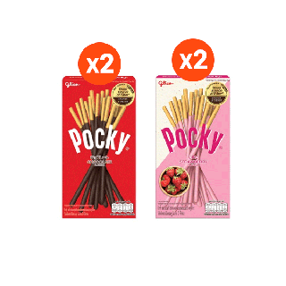 (แพค x 4) Pocky กูลิโกะ ป๊อกกี้ บิสกิตแท่ง รสช็อคโกแลต x 2 + รสสตรอเบอร์รี x 2