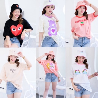 🌟st.f_shop🌟เสื้อยืดoversize แขนสั้น คอกลม สกรีนลายน่ารักๆ เส้อ+หมวก😍🍯อก44-46🍯ยาว 28”