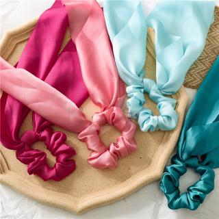 DIY Bow Streamers Hair Scrunchies Solid Color Silky Satin Horsetail Hair Ties