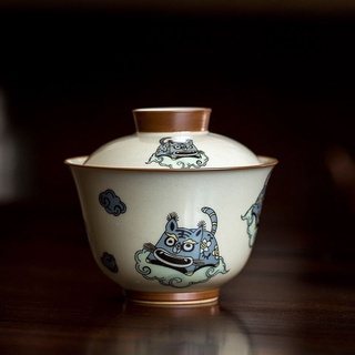 Fuhu Sancai Gaiwan ชุดถ้วยชาเซรามิก ลายเสือน้อย สไตล์จีน สําหรับครัวเรือน