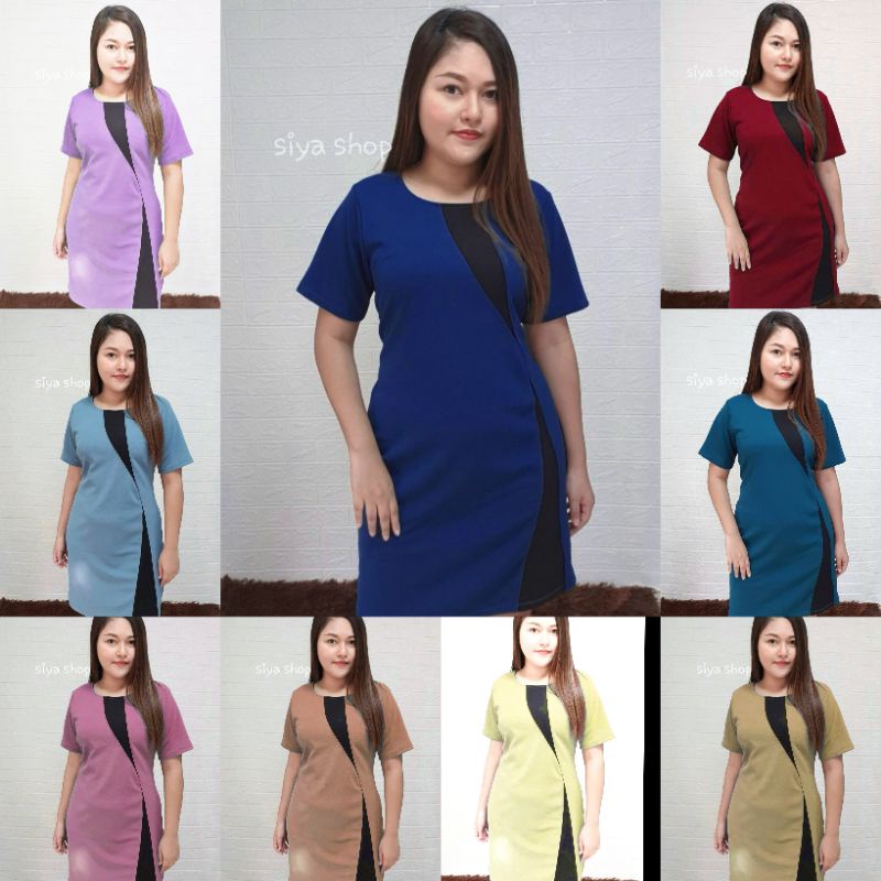 A60 เดรสสาวอวบ ผ้ายืดวูลเวฟ คอกลม ทูโทน เรียบเก๋