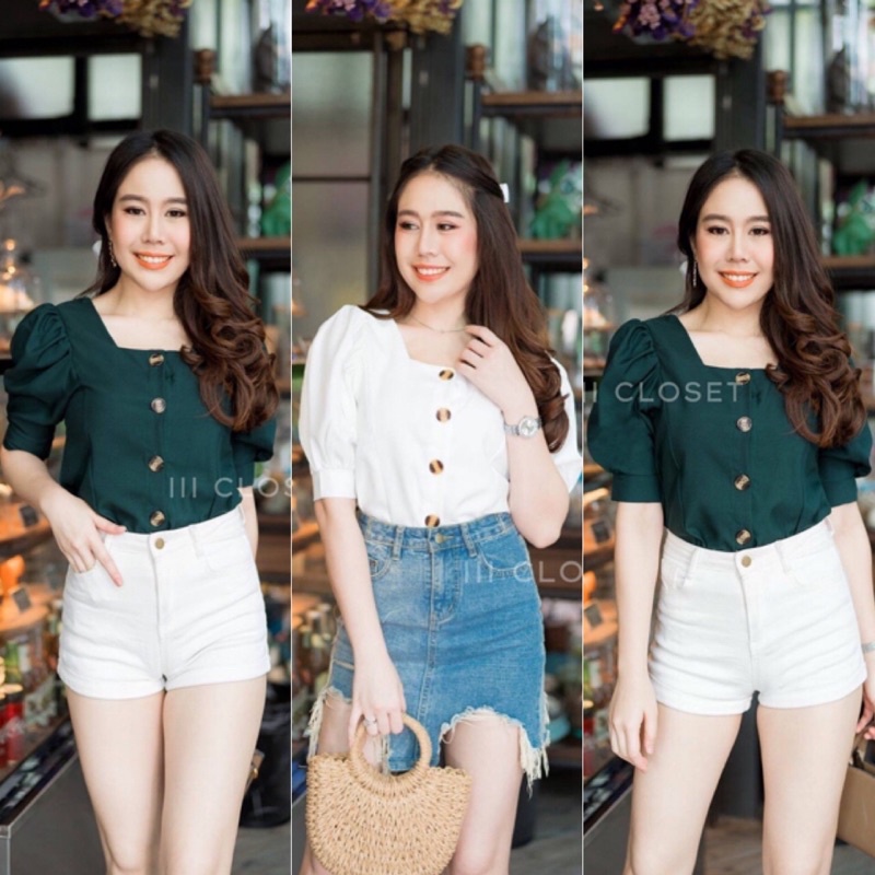 เสื้อครอป lll Freesize lll TUM039 เสื้อครอป คอเหลี่ยม กระดุมหน้า แขนพอง ผ้าซาร่า ผ้าดี ใส่สบาย