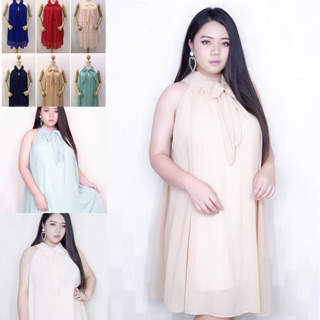 เสื้อผ้าคนอ้วน เดรส เเขนกุด ผ้าชีฟองแต่งโบหน้า  ใส่ไปงานได้ สวยได้ ชิวได้