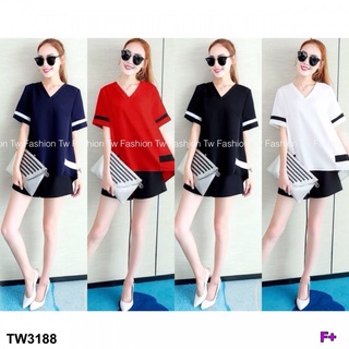 👗Pfashion [ส่งไว!!🚛] P3188 เซ็ตคาดแถบ หน้าสั้น หลังยาว +กางเกงขาสั้น Set with stripes, short front, long back