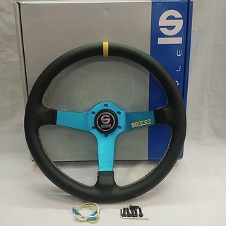 พวงมาลัย sparco ก้านสีฟ้า ขนาดรอบวง 13.5 นิ้ว สูง 2 นิ้ว ใส่ได้กับรถยนต์ ทุกรุ่น ราคา ต่อวง