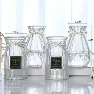 แจกันดอกไม้แก้ว vase โปร่งใสแจกันยุโรปห้องนั่งเล่นที่เรียบง่ายตกแต่ง แจกันทรงเพรช+โบว์สุดน่ารัก