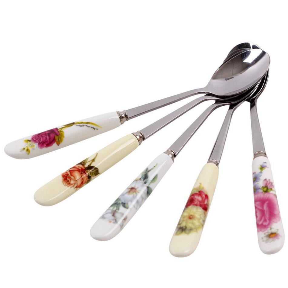 Royal Style Camellia High Quality Porcelain Handle ช้อนสแตนเลส