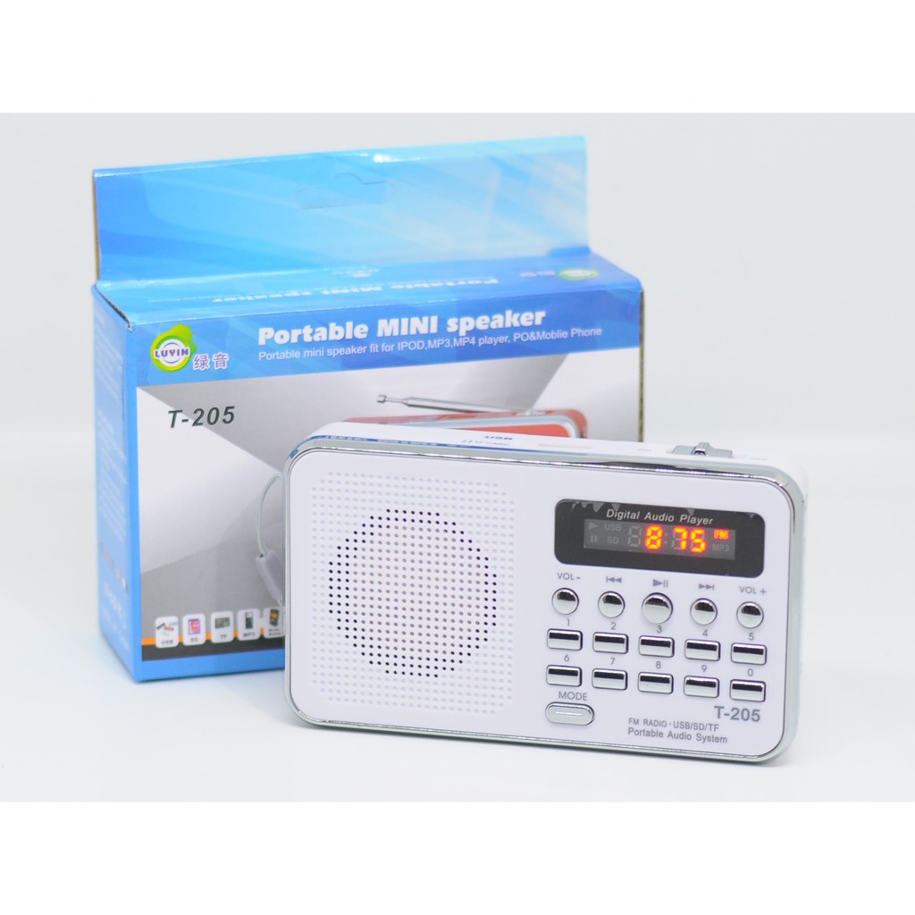 วิทยุ T205 พกพา ลำโพง ฟังFM เสียบแฟลชไดร์ ฟังmp3 ไม่มีธรรมะ/ไม่มีเพลงในเครื่อง ตัวเครื่องสีขาว