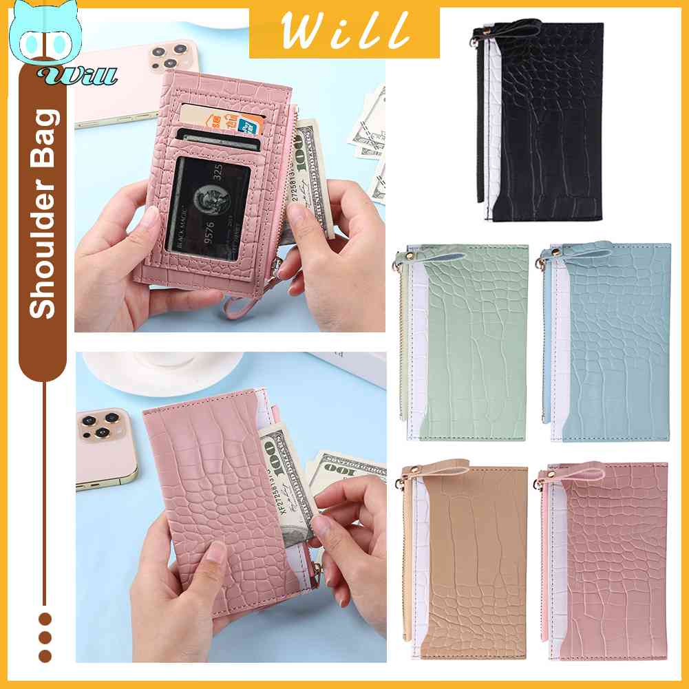 กระเป๋าสตางค์ลําลอง หนัง PU ใบเล็ก ใส่บัตรได้ สีตัดกัน แฟชั่นสําหรับสตรี