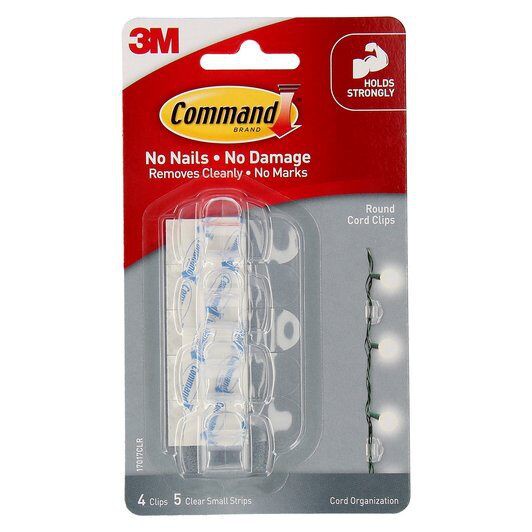 3M 17017CLR COMMAND 4 ROUND CORD CLIPS 5 CLEAR S-STRIPS