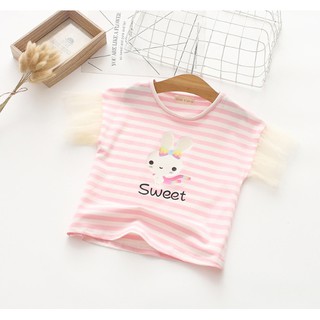 เสื้อเด็กผู้หญิง แต่งลายขวาง สีชมพู ลายกระต่าย sweet มีระบายที่ปลายแขน น่ารัก