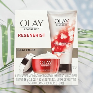 (Olay®) Regenerist Micro-Sculpting Cream 48g + Pore Detoxifying Scrub Cleanser 150 ml Skin Care Gift Set โอเลย์ ครีม มอยส์เจอไรเซอร์ + สครับ สำหรับผิวหน้า