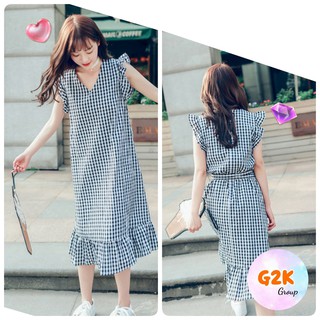 G2K★พร้อมส่ง(A06)★มีโบว์ผูกเอว ชุดเดรส Midi Dress แขนกุดลายตาราง