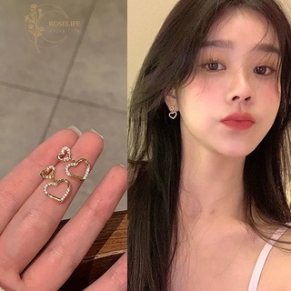 Roselife Vintage Crystal Double Heart Drop Earrings for Women Girls Korean Gold Hollow Love Heart Earring for Party Engagement Fashion Ear Jewelry