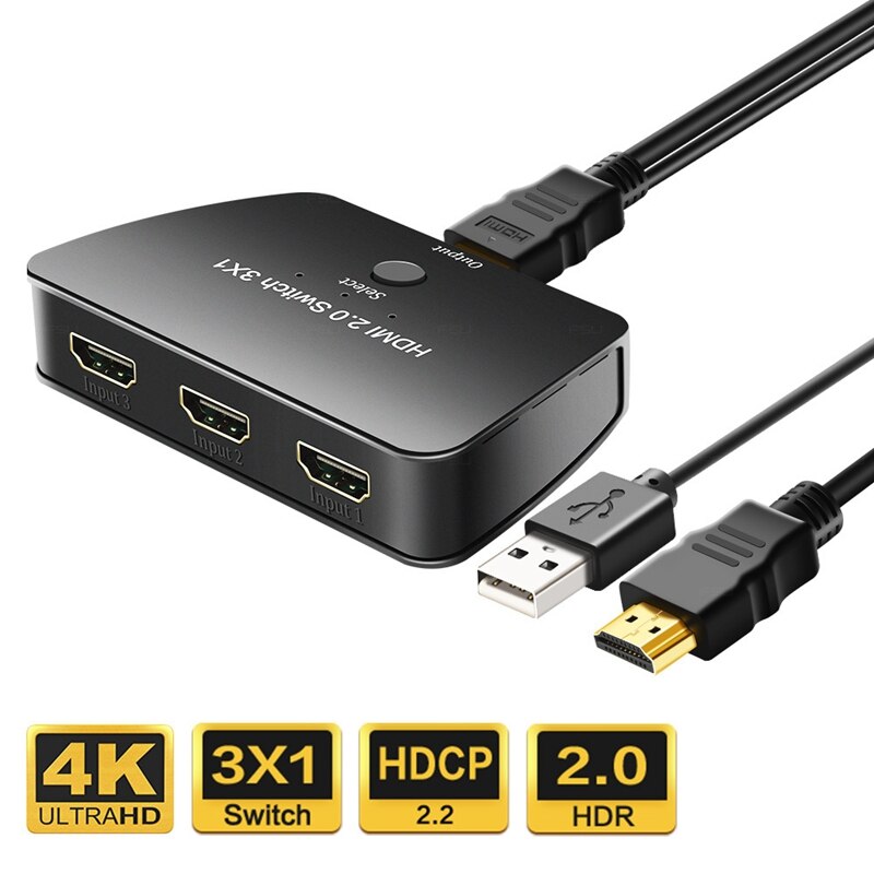 HDMI HD 3x1 Switch, 4K, HDMI 2.0, with USB Cable for Computer, Tablet, PS3 / 4 TV Box, DVD / IPTV