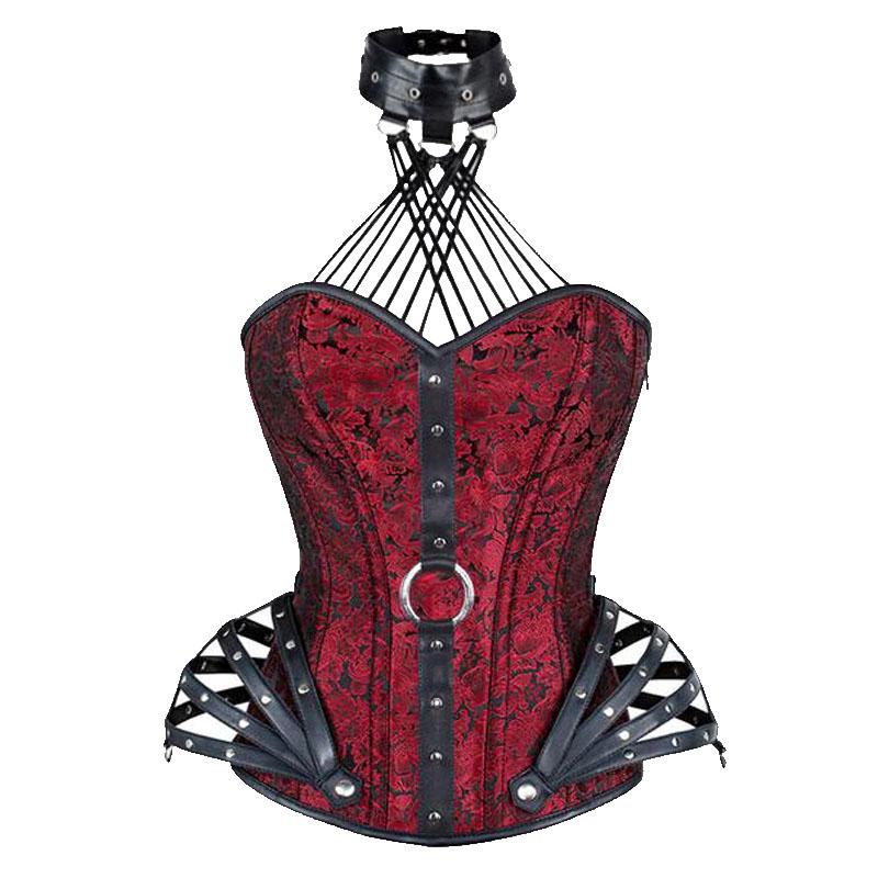 Corset Steampunk Faux Leather Gothic Punk Halter Steel Boned Corsets สีดำ สีแดง